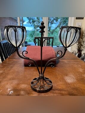 Ornate Metal Double Candle Holder with Glass Cups - Bronze Tone
